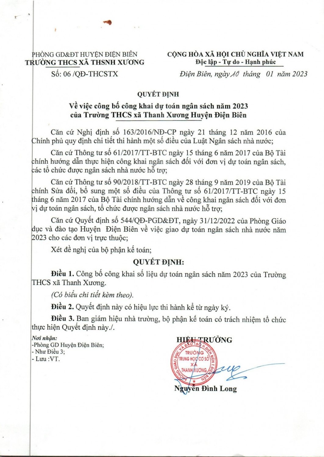 QUYẾT ĐỊNH về việc công bố công khai dự toán ngân sách năm 2023